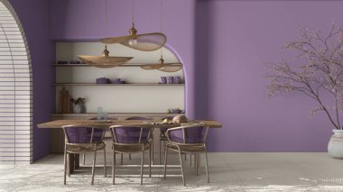 Modern yemek odası içerisi köy dairesi, krema ve liyak rengi, el işi ahşap masa, rattan sandalyeler, raflı beton duvarlar. Kopyalama alanı olan bir arkaplan tasarla