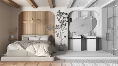 Mimar iç mimar konsepti: elle çizilmiş tamamlanmamış proje, banyo ve parke ile modern yatak odası haline geliyor. Çatı kirişleri, duş, lavabo. Spa süiti iç tasarımı