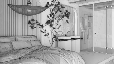 Tamamlanmamış proje, banyolu modern yatak odası parke ve beton zemin ile açık alan. Çatı kirişleri, büyük duş, lavabo, ayna, saksı ağacı. Spa süiti iç tasarım fikri