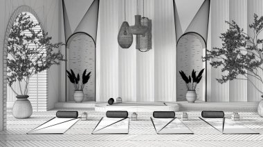 Tamamlanmamış proje taslağı, boş yoga stüdyosu iç tasarımı, batı Japon alanı, parke, saksı ağaçları, küflenmiş duvarlar, yastıklar ve aksesuarlar. Pratik ve meditasyona hazırım.