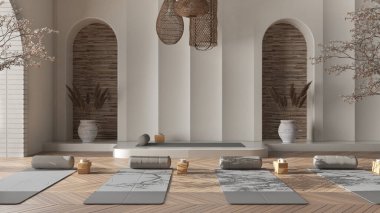 Boş yoga stüdyosu iç tasarımı bej tonlarda, batı Japon alanı, parke, saksı ağaçları, lamba, duvar kalıpları, yastıklar ve aksesuarlar. Pratik ve meditasyona hazırım.