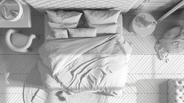 Σύνολο Λευκό Έργο Κλασικό Υπνοδωμάτιο Σουίτα Ξενοδοχείο Βελούδο Διπλό Κρεβάτι — Φωτογραφία Αρχείου