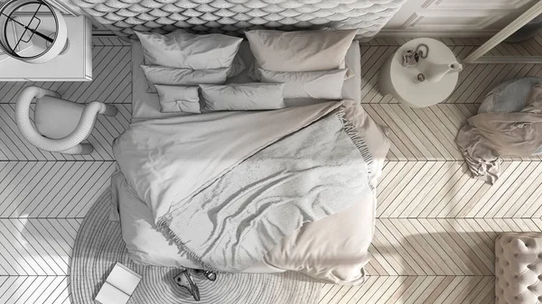 Mimari iç mimar konsepti: elle çizilmiş tamamlanmamış proje, ana yatak, parke, sandalyeli masa. Üst görünüm, plan, yukarıdaki rahatlama konsepti.