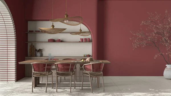 Moderno Comedor Interior Apartamento Campo Tonos Crema Rojo Mesa Madera — Foto de Stock