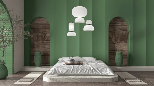 マスターベッド ランプや装飾品と禅の東の寝室にベージュと緑のコンクリート成形石膏壁 コピースペースと居心地の良い背景 リラックスショーケース インテリアデザインのコンセプトアイデア — ストック写真