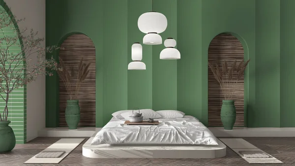 Pared Yeso Moldeada Hormigón Beige Verde Dormitorio Oriental Zen Con — Foto de Stock