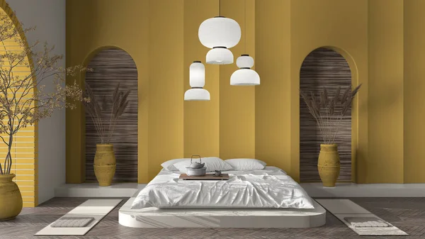 Pared Yeso Moldeada Hormigón Beige Amarillo Dormitorio Oriental Zen Con — Foto de Stock