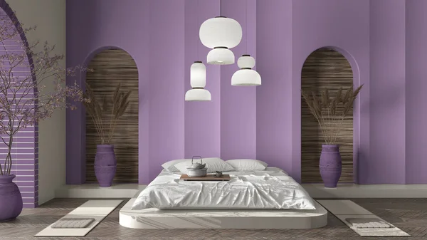 Pared Yeso Moldeada Hormigón Beige Lila Dormitorio Oriental Zen Con — Foto de Stock