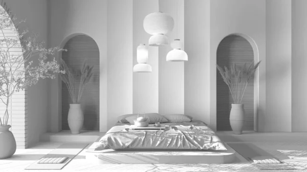 Proyek Draf Putih Total Dibentuk Dinding Plester Zen Kamar Tidur — Stok Foto
