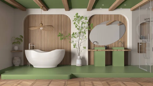 Nowoczesna Kreatywna Zielono Drewniana Łazienka Otwarta Przestrzeń Parkietem Betonową Podłogą — Zdjęcie stockowe