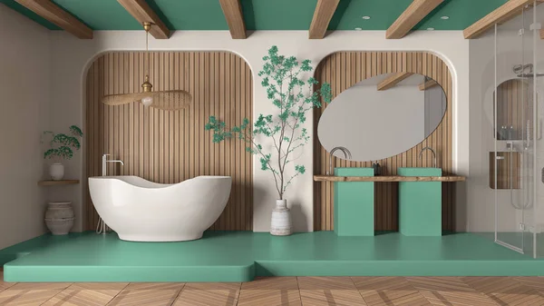 Moderno Creativo Baño Madera Turquesa Espacio Abierto Con Parquet Suelo —  Fotos de Stock