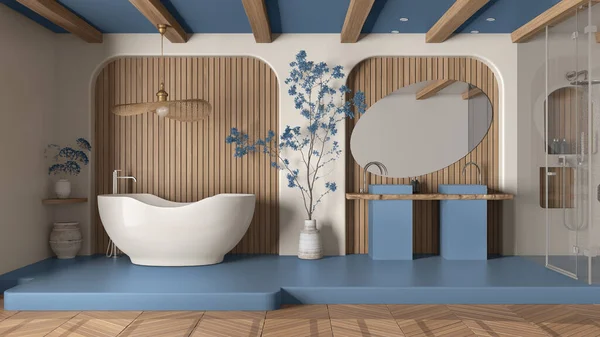 Moderno Baño Creativo Azul Madera Espacio Abierto Con Parquet Suelo — Foto de Stock