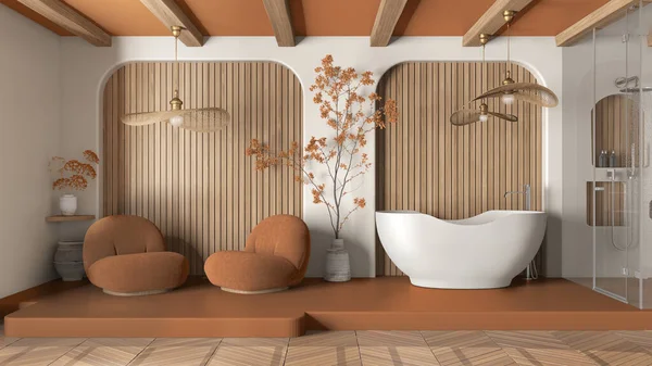 Modern creative orange and wooden bathroom, open space with parquet and concrete floor. Roof beams, shower, free standing bathtub, relax space with armchairs. Spa interior design idea