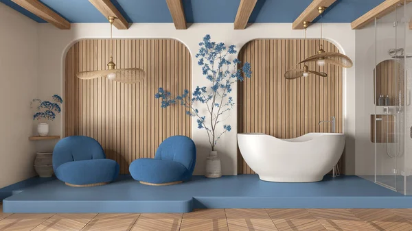 Modern creative blue and wooden bathroom, open space with parquet and concrete floor. Roof beams, shower, free standing bathtub, relax space with armchairs. Spa interior design idea