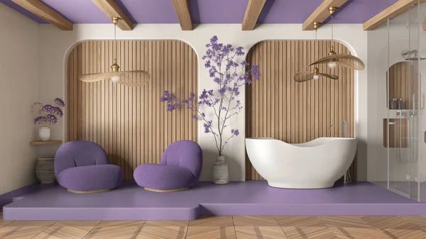 Modern creative liliac and wooden bathroom, open space with parquet and concrete floor. Roof beams, shower, free standing bathtub, relax space with armchairs. Spa interior design idea