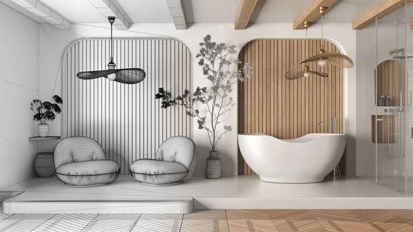 인테리어 디자이너 화장실 응접실이 손으로 미완성 프로젝트 긴장풀고 — 스톡 사진