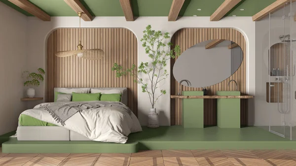 バスルーム付きのモダンな創造的な緑と木製のベッドルーム 寄木細工とコンクリートの床とオープンスペース 屋根の梁 大規模なシャワー シンク ミラー 鉢植えの木 スパスイート インテリアデザインのアイデア — ストック写真