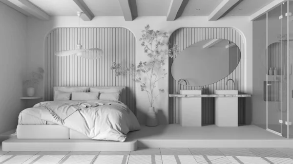 Teljes Fehér Projekt Modern Hálószoba Fürdőszobával Nyitott Tér Parkettával Betonpadlóval — Stock Fotó