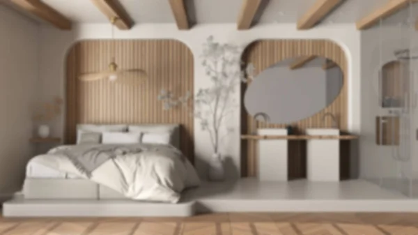 Fondo Desenfoque Dormitorio Moderno Con Baño Espacio Abierto Con Parquet — Foto de Stock