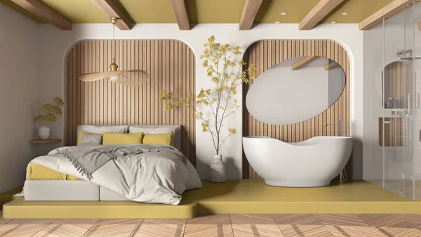 Moderno Quarto Amarelo Criativo Madeira Com Casa Banho Espaço Aberto — Fotografia de Stock