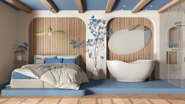 Moderno Criativo Quarto Azul Madeira Com Casa Banho Espaço Aberto — Fotografia de Stock