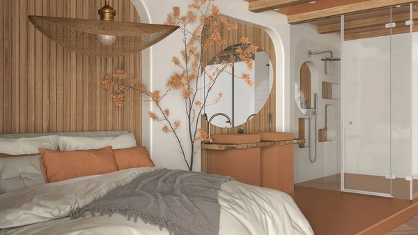 Современная Творческая Оранжевая Деревянная Спальня Ванной Комнатой Открытое Пространство Паркетом — стоковое фото