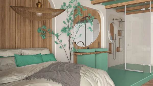 Современная Творческая Бирюзовая Деревянная Спальня Ванной Комнатой Открытое Пространство Паркетом — стоковое фото