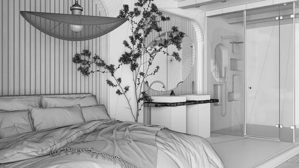 Незавершенный Проект Современная Спальня Ванной Комнатой Открытое Пространство Паркетом Бетонным — стоковое фото