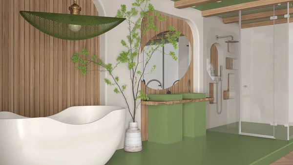 Moderní Kreativní Zelená Dřevěná Koupelna Otevřený Prostor Parketovou Betonovou Podlahou — Stock fotografie