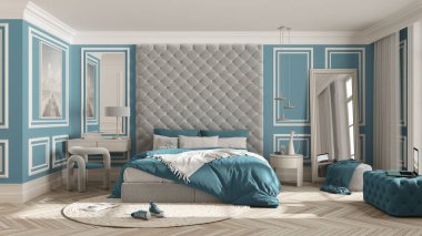 Modern mobilya, parke, kadife çift yatak, yan masalar, sandalye ve puf, ayna ve kolye lambalı, yuvarlak halı ve dekorlu klasik yatak odası. İç tasarım fikri