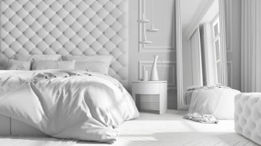 Tamamen beyaz proje taslağı, modern mobilyalı klasik yatak odası, yakın plan, parke, yastıklı kadife çift yatak, sehpa, lamba, halı, ayna ve dekorlar. İç tasarım fikri