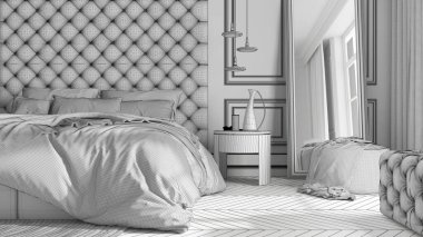 Tamamlanmamış proje taslağı, modern mobilyalı klasik yatak odası, kapanış, parke, yastıklı kadife çift yatak, yan masa, lamba, halı, ayna ve dekorlar. İç tasarım fikri