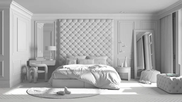 整个白色工程草案 经典的卧室与现代家具 双人床 镜子和吊灯 圆形地毯和装饰 室内设计理念 — 图库照片