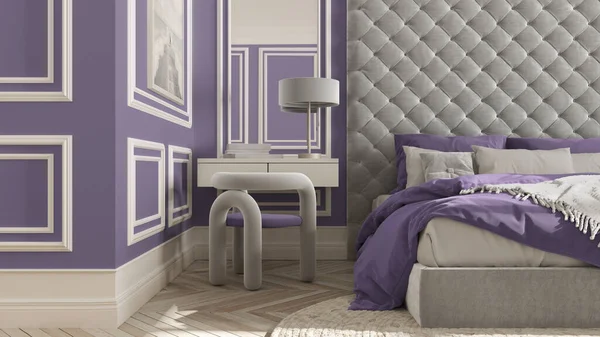 Classic Bedroom Liliac Tones Modern Furniture Close Parquet Velvet Double — Stock Photo, Image