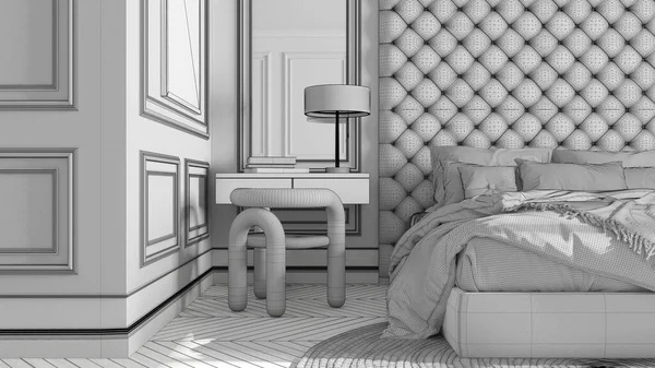 Незакінчений Проект Класична Спальня Сучасними Меблями Крупним Планом Паркет Оксамитове — стокове фото