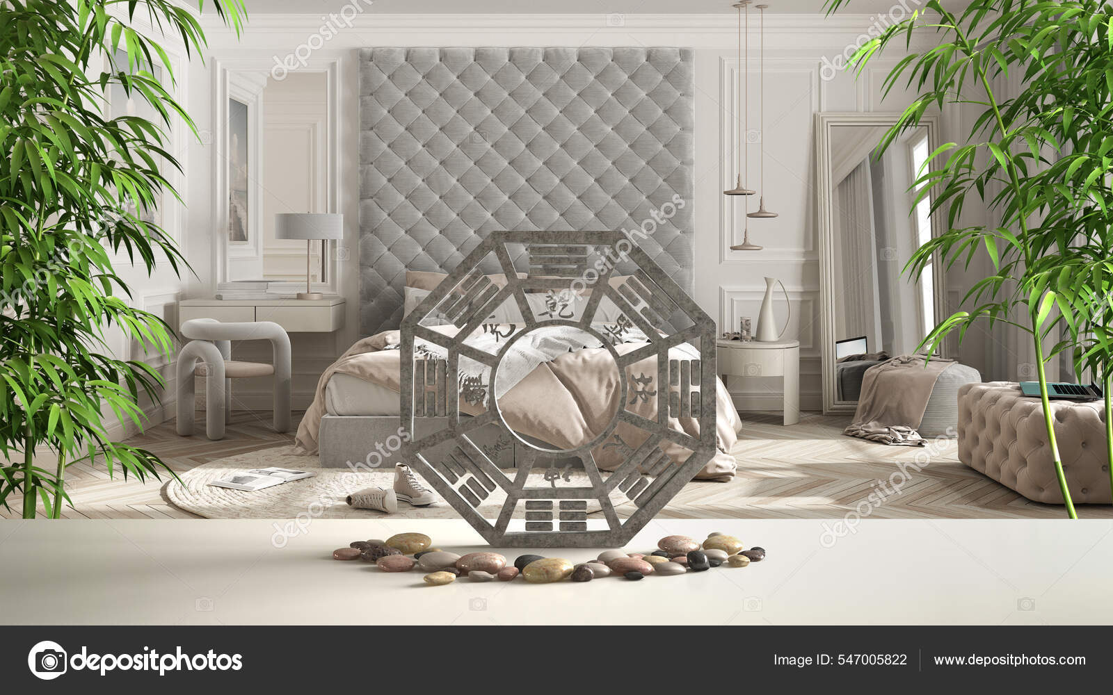 Prateleira Mesa Branca Com Pedra Seixo Plantas Bambu Clássico Romântico —  Foto © ArchiVIz #547005822, image size:1600x1000