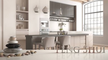 Çakıl taşı dengeli beyaz masa rafı ve 3D harflerle modern mutfağın üzerinde 