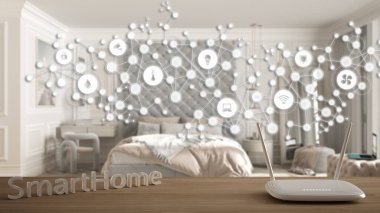 Wi-Fi kablosuz yönlendirici ahşap masa, akıllı ev, geometrik arkaplan bağlı çizgi ve noktalar şeylerin internet gösterimi klasik yatak odası üzerinde ev otomasyon konsepti