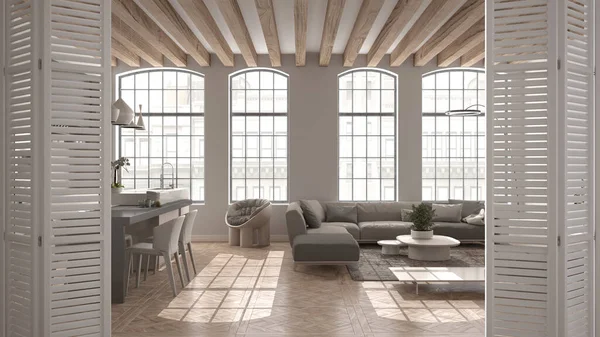 ミニマリストのリビングルームとキッチン 寄木細工の床 椅子付きサイドテーブル 大きな窓 建築家のデザイナーコンセプト ぼかしの背景に白い折りたたみドアの開口部 — ストック写真