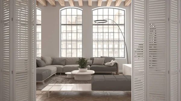简约客厅的白色折叠式门窗 沙发和装饰 餐室地板 有椅子的侧桌 大窗户 建筑师的概念 模糊的背景 — 图库照片