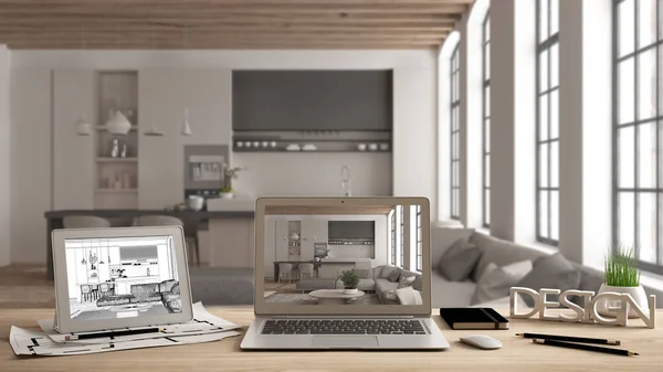 Arkitektdesigner Skrivbordskoncept Laptop Och Surfplatta Träbord Med Skärm Som Visar — Stockfoto