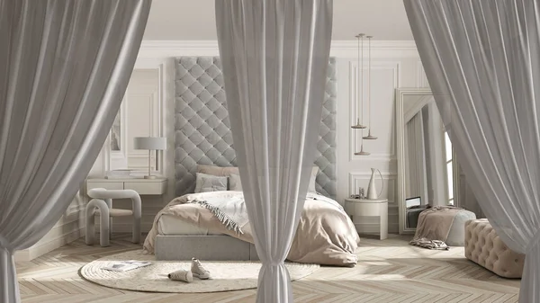 白の開口部は 古典的な寝室をオーバーレイカーテン インテリアデザインの背景 フロントビュー クリッピングパス 垂直折り目 柔らかいチュール繊維のテクスチャ コピースペースとステージコンセプト — ストック写真