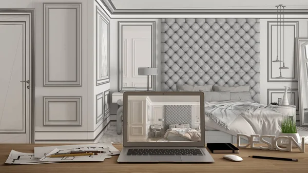 Architetto Concetto Desktop Designer Laptop Scrivania Legno Con Schermo Che — Foto Stock