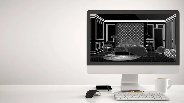 Architect House Project Concept Desktop Computer White Background Work Desk — Stock Photo, Image