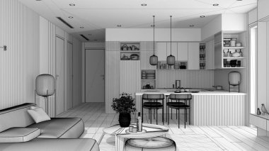 Tamamlanmamış proje taslağı, modern dairede oturma odası ve mutfak masalı kanepe, adalı mutfak ve yemek masası, sandalyeler. Halı ve cihazlar, iç tasarım fikri.