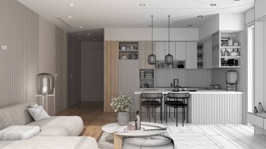 Mimari iç mimar konsepti: el çizimi taslak proje gerçek, modern apartmanda oturma odası ve mutfak, kanepe, masa, ada ve yemek masası, sandalyeler