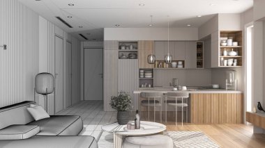 Mimari iç mimar konsepti: el çizimi taslak proje gerçek, modern apartmanda oturma odası ve mutfak, kanepe, masa, ada ve yemek masası, sandalyeler