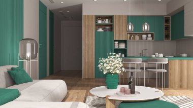 Konforlu turkuaz, modern dairede ahşap oturma odası ve mutfak masalı kadife kanepe, adalı mutfak ve yemek masası, sandalyeler. Halı ve eşyalar, iç tasarım.