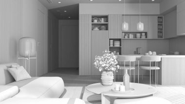 Tamamen beyaz proje, modern dairede oturma odası ve mutfak masalı kadife kanepe, adalı mutfak ve yemek masası, sandalyeler. Halı ve cihazlar, iç tasarım fikri.