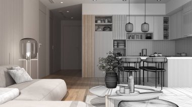 Mimari iç mimar konsepti: el çizimi taslak proje gerçek, modern apartmanda oturma odası ve mutfak, kanepe, masa, ada ve yemek masası, sandalyeler